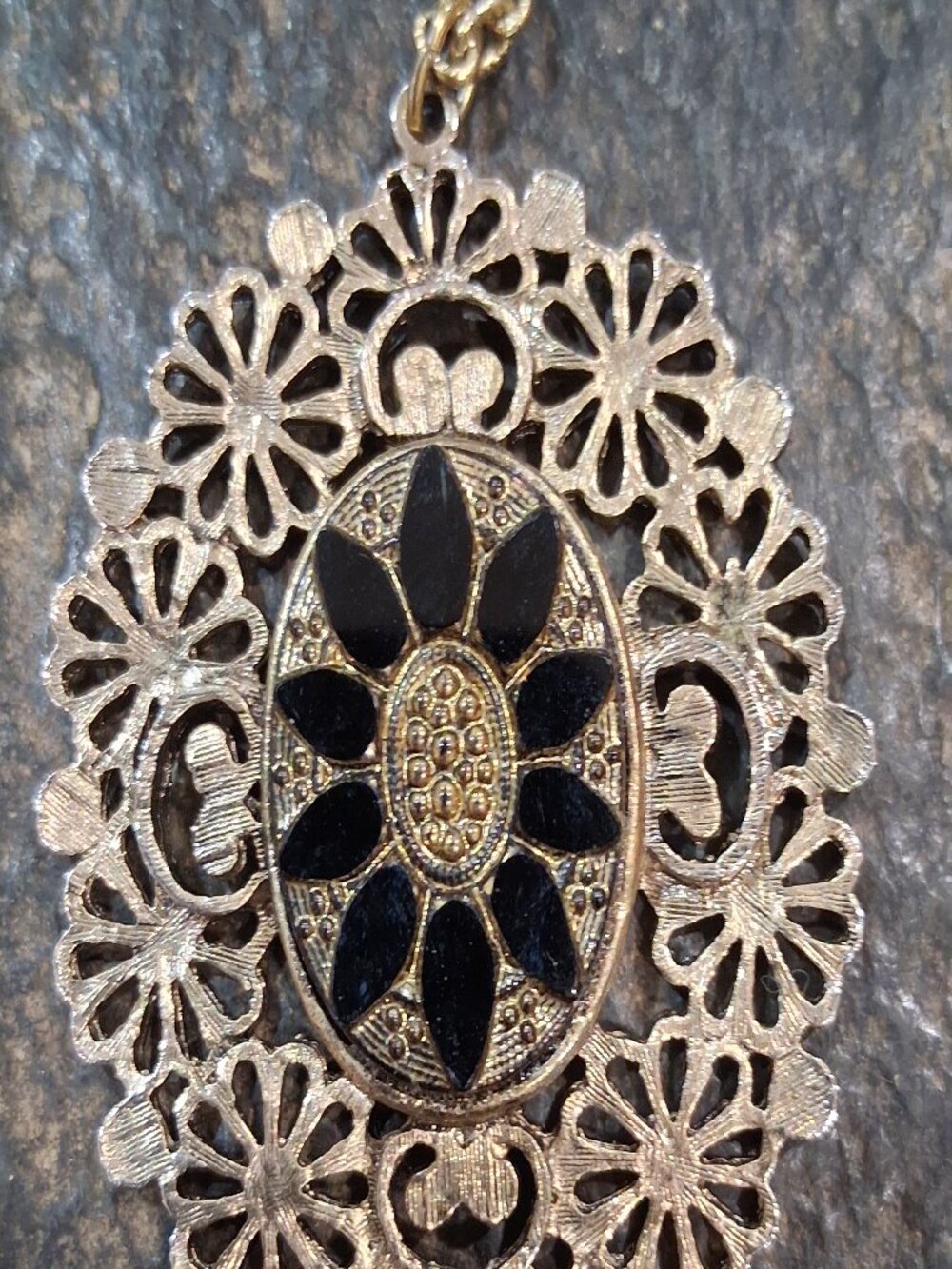 Vintage Gold-Tone Filigree Pendant Necklace with Black Inlay